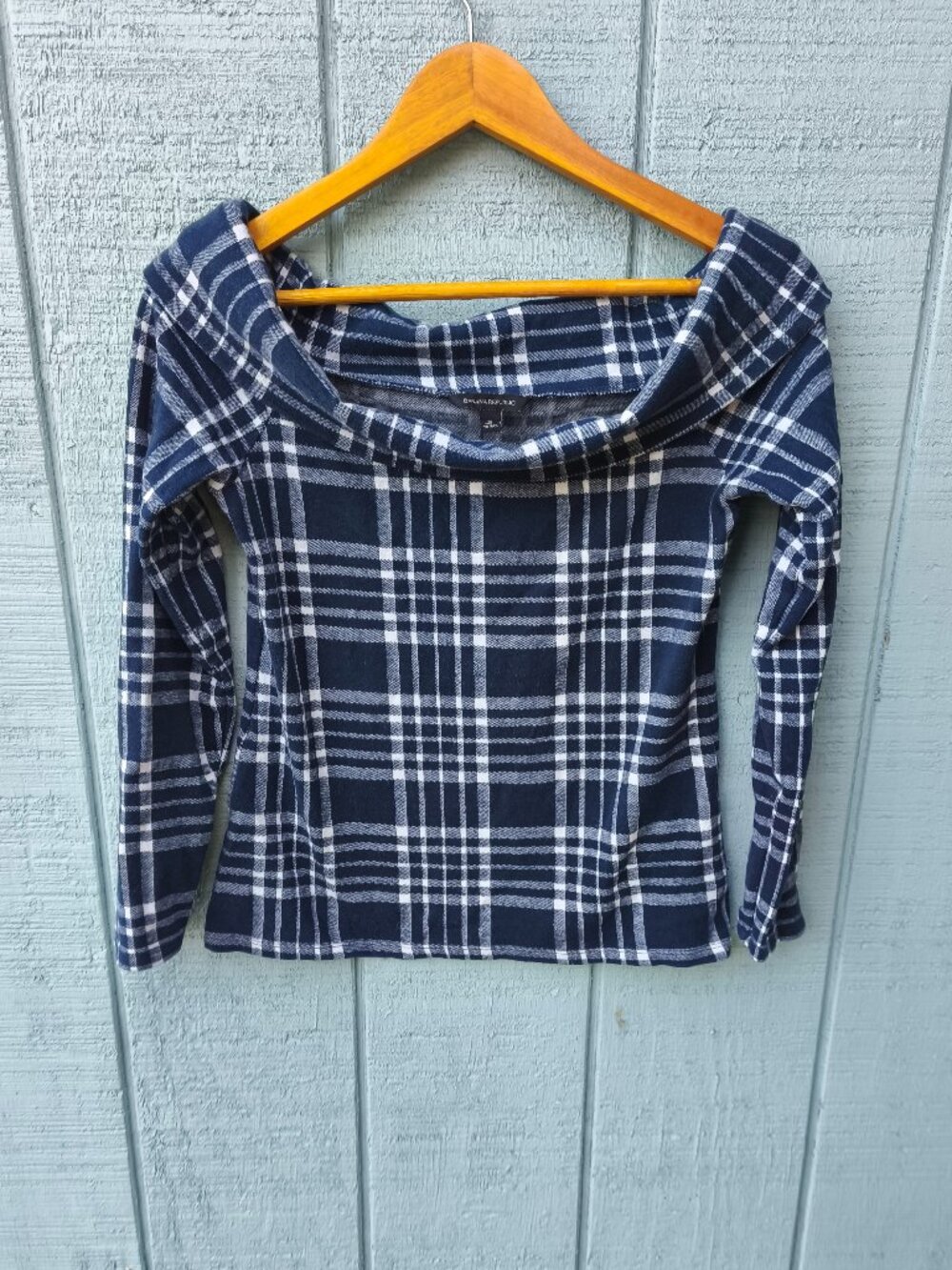 Banana Republic Plaid Off Shoulder Long Sleeve Blouse sz XS Navy White Fall Farm